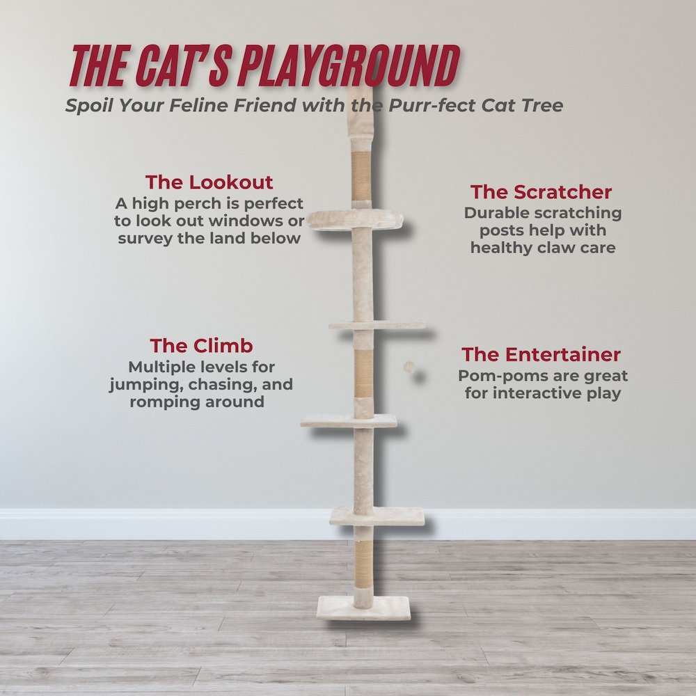 Kobe Sisal & Plush 90.5"-104" Ceiling Mount Cat Tree, 4-Level Cat Tower, Beige