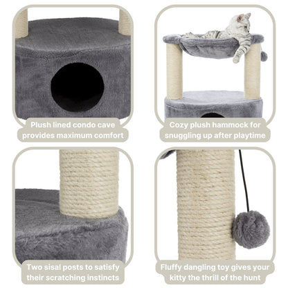Baza Grande Plush & Sisal 24" Cat Tree, Cat Condo and Hammock, Cat Toy, Gray
