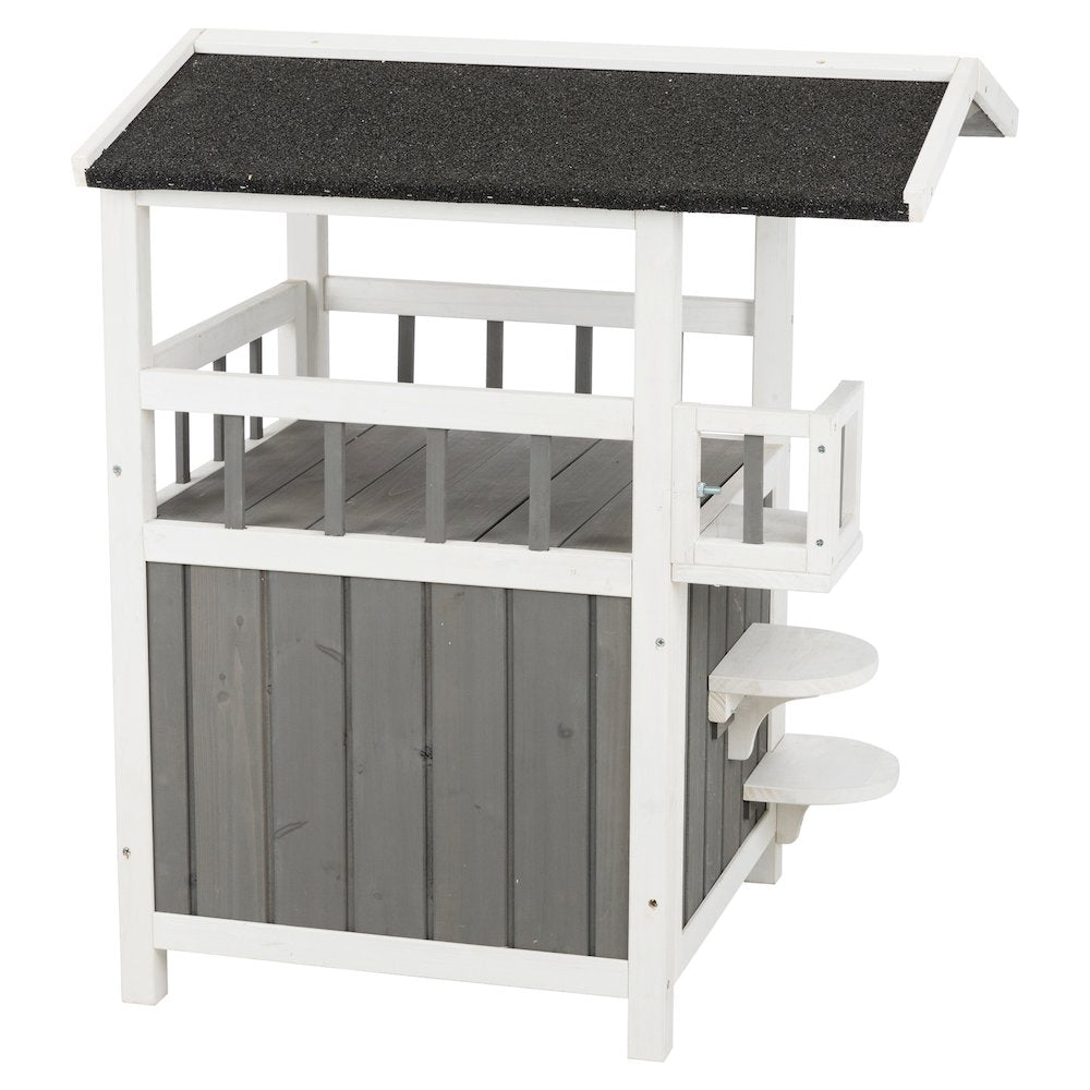 Wooden Outdoor or Indoor Cat House with Shaded Balcony for Small Cats, Gray