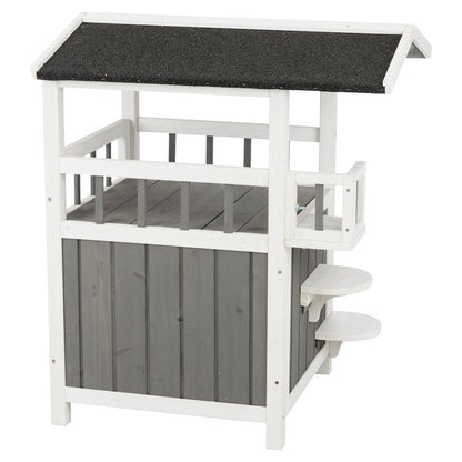 Wooden Outdoor or Indoor Cat House with Shaded Balcony for Small Cats, Gray