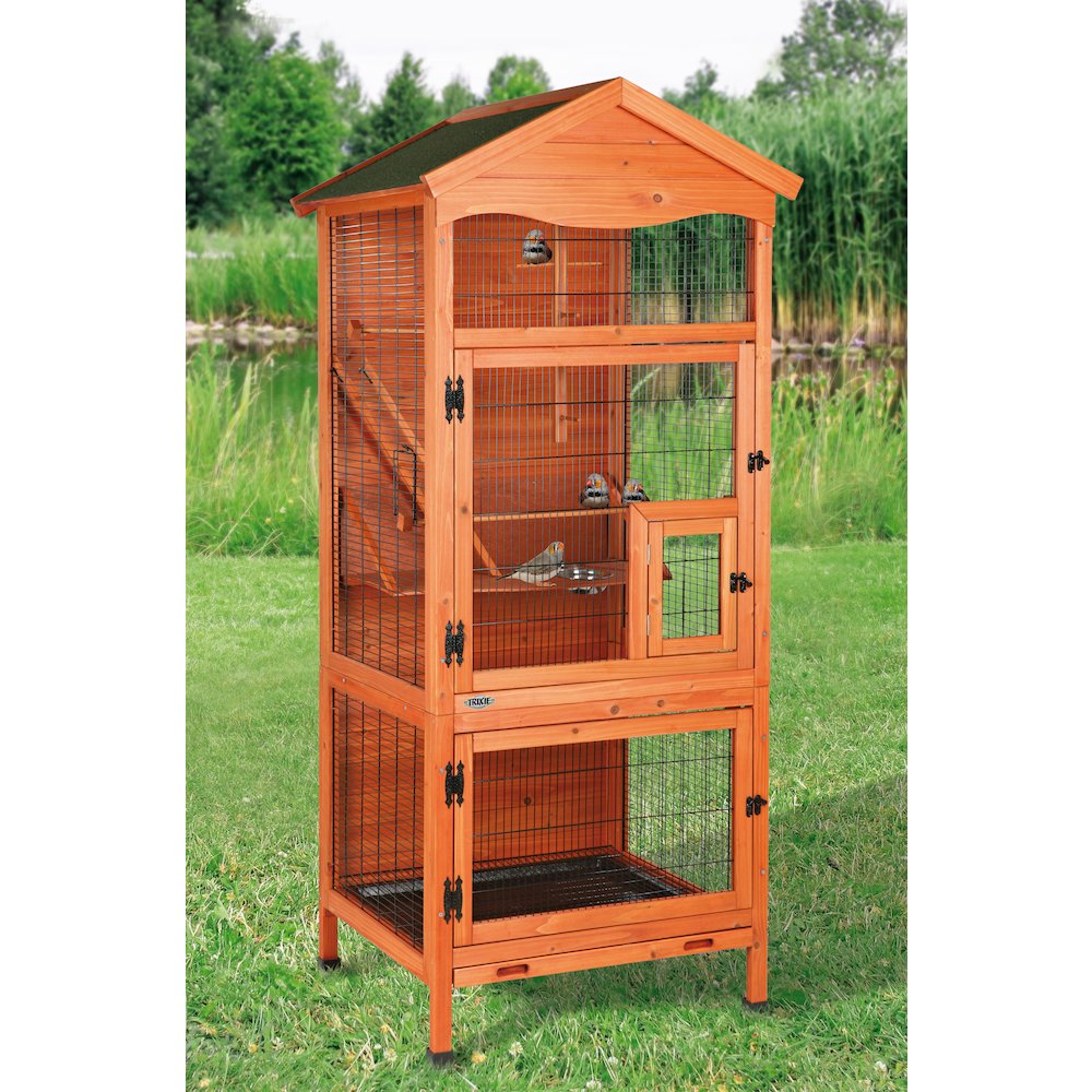 Large 70" Indoor-Outdoor Wooden Birdcage with 3 Front Doors & 2 Perches, Brown