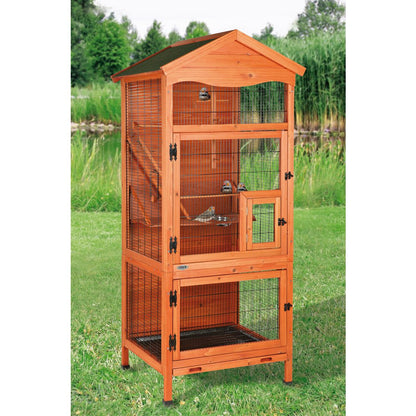 Large 70" Indoor-Outdoor Wooden Birdcage with 3 Front Doors & 2 Perches, Brown