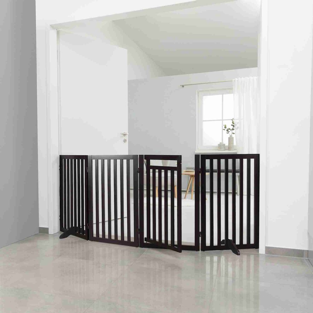 4-Panel Foldable Wood Freestanding Pet Gate, Walk Thru Door, Expands to 80"