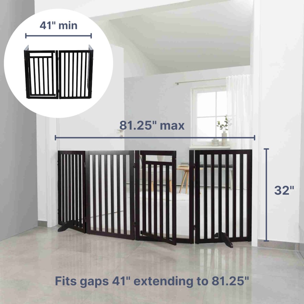4-Panel Foldable Wood Freestanding Pet Gate, Walk Thru Door, Expands to 80"
