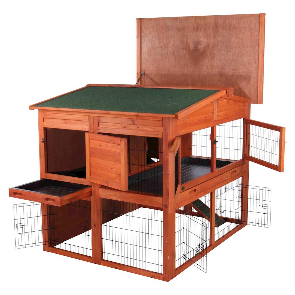 Deluxe Weatherproof Outdoor 2-Story Large Wooden Small Animal Hutch, Run, Tray