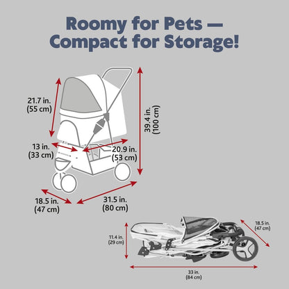 3-Wheeled Foldable Dog & Cat Stroller with Canopy and Storage Compartments, Pink