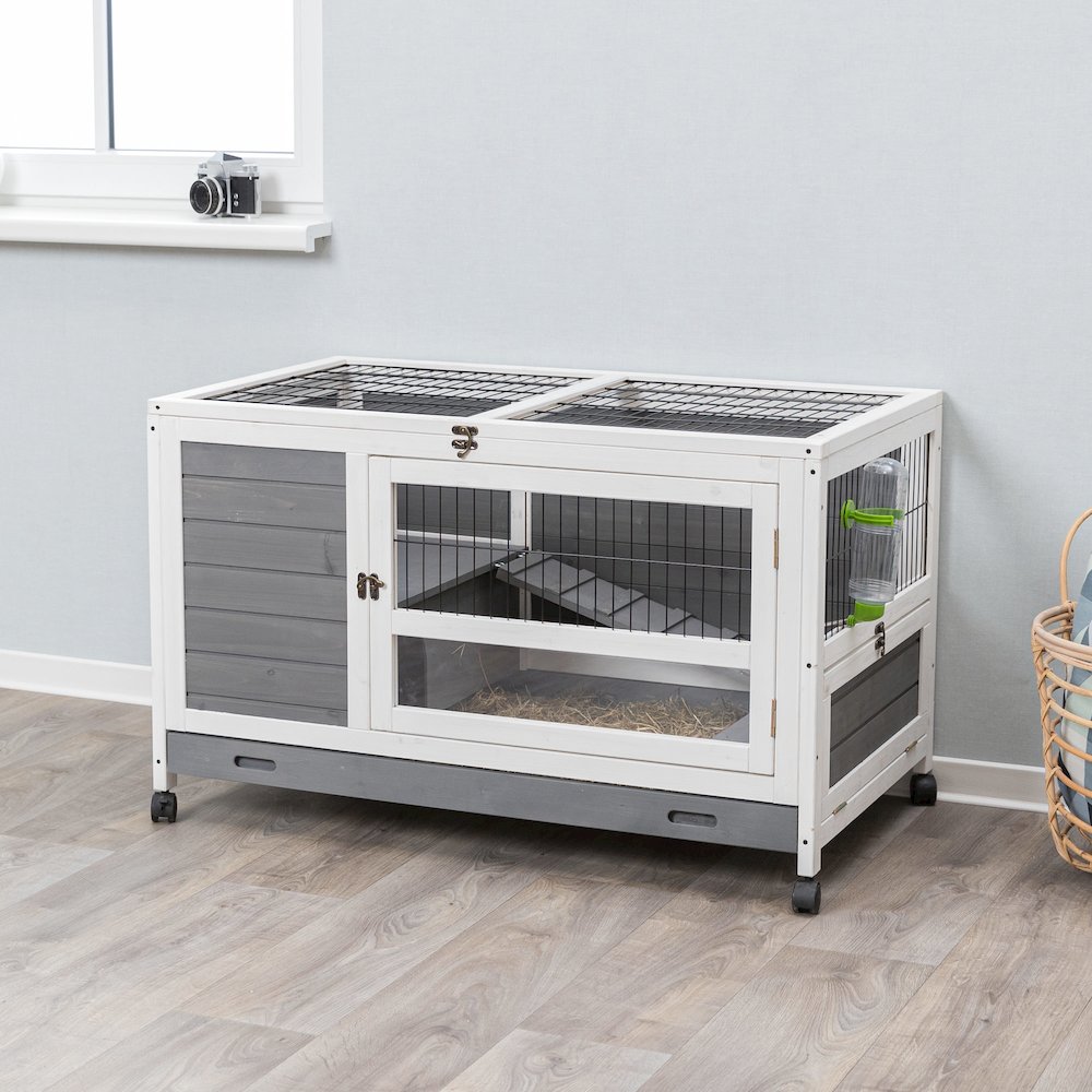 Mobile Indoor 1-Story Wooden Small Animal Cage with Wheels & Pull-Out Tray, Gray