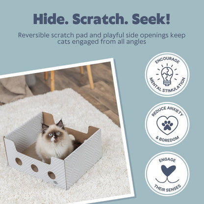 Cardboard Cat Scratching Box with Peek-a-Boo Openings & Double-Sided Scratcher
