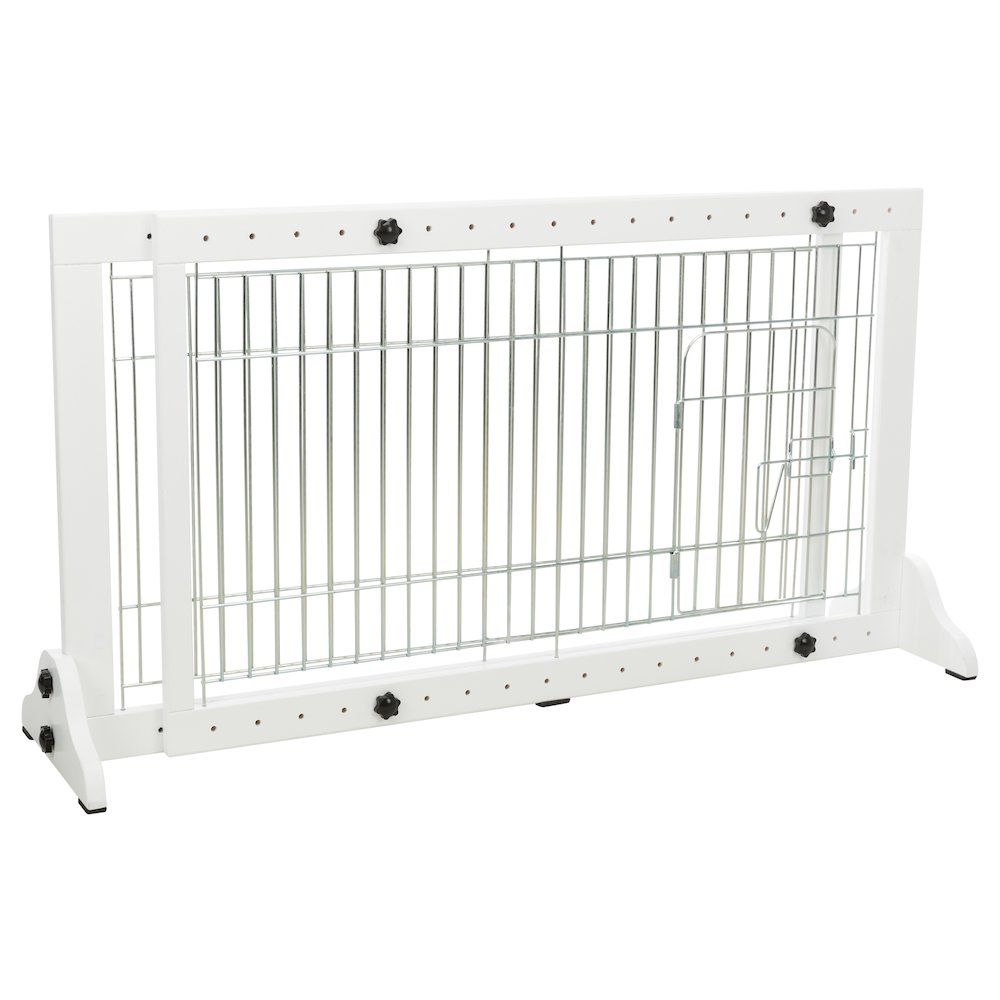 Expandable Wooden Freestanding Pet Gate with Pet Door, Expands to 71" Wide