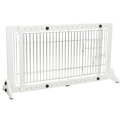 Expandable Wooden Freestanding Pet Gate with Pet Door, Expands to 71" Wide