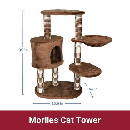 Moriles Plush & Sisal 3-Level 39" Cat Tree with Scratching Posts & Condo, Brown
