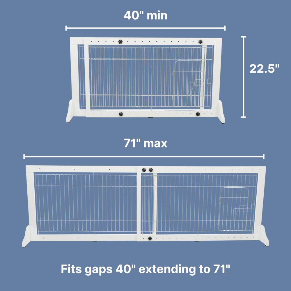 Expandable Wooden Freestanding Pet Gate with Pet Door, Expands to 71" Wide