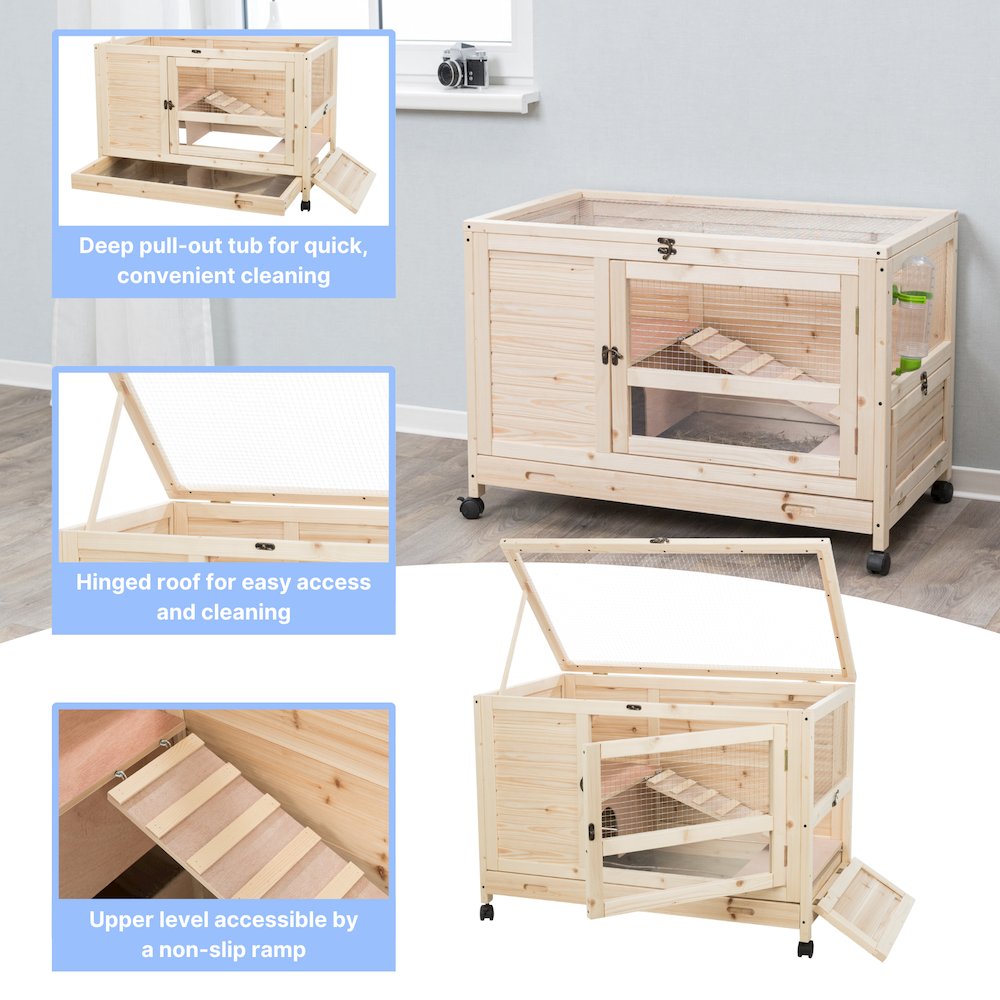 Mobile Indoor 1-Story Wooden Small Animal Cage with Wheels & Pull-Out Tray