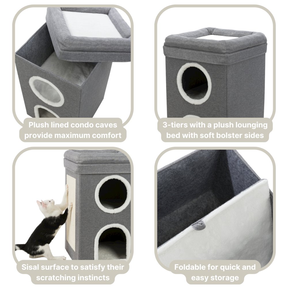 Saul 25" Cat Tower, 2-Story Cat Condo, Sisal Cat Scratcher, Cat Cube, Gray
