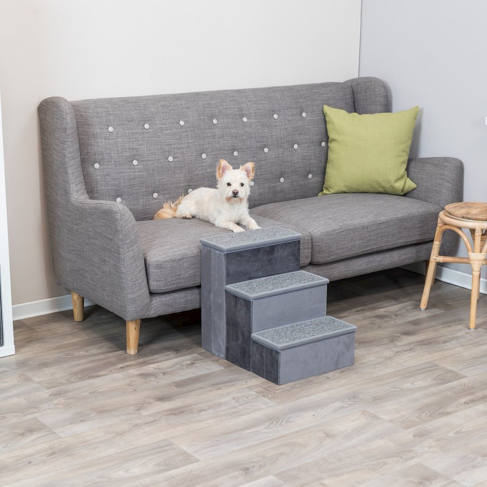 3-Step Foldable Velour Pet Stairs with Storage, Gray