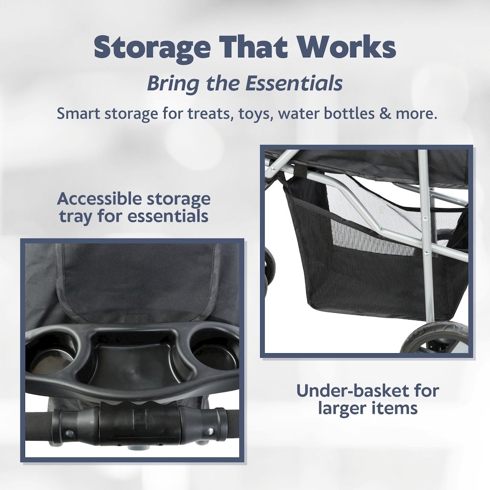 3-Wheeled Foldable Dog & Cat Stroller with Canopy and Storage Compartments