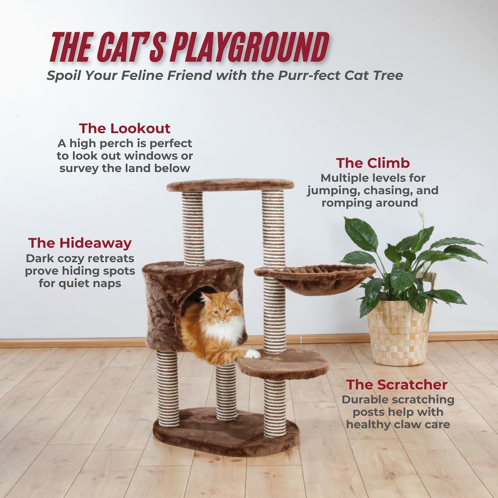 Moriles Plush & Sisal 3-Level 39" Cat Tree with Scratching Posts & Condo, Brown