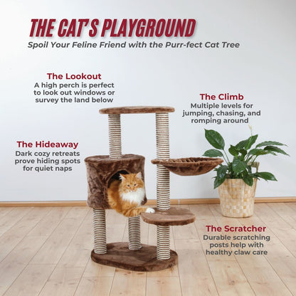 Moriles Plush & Sisal 3-Level 39" Cat Tree with Scratching Posts & Condo, Brown