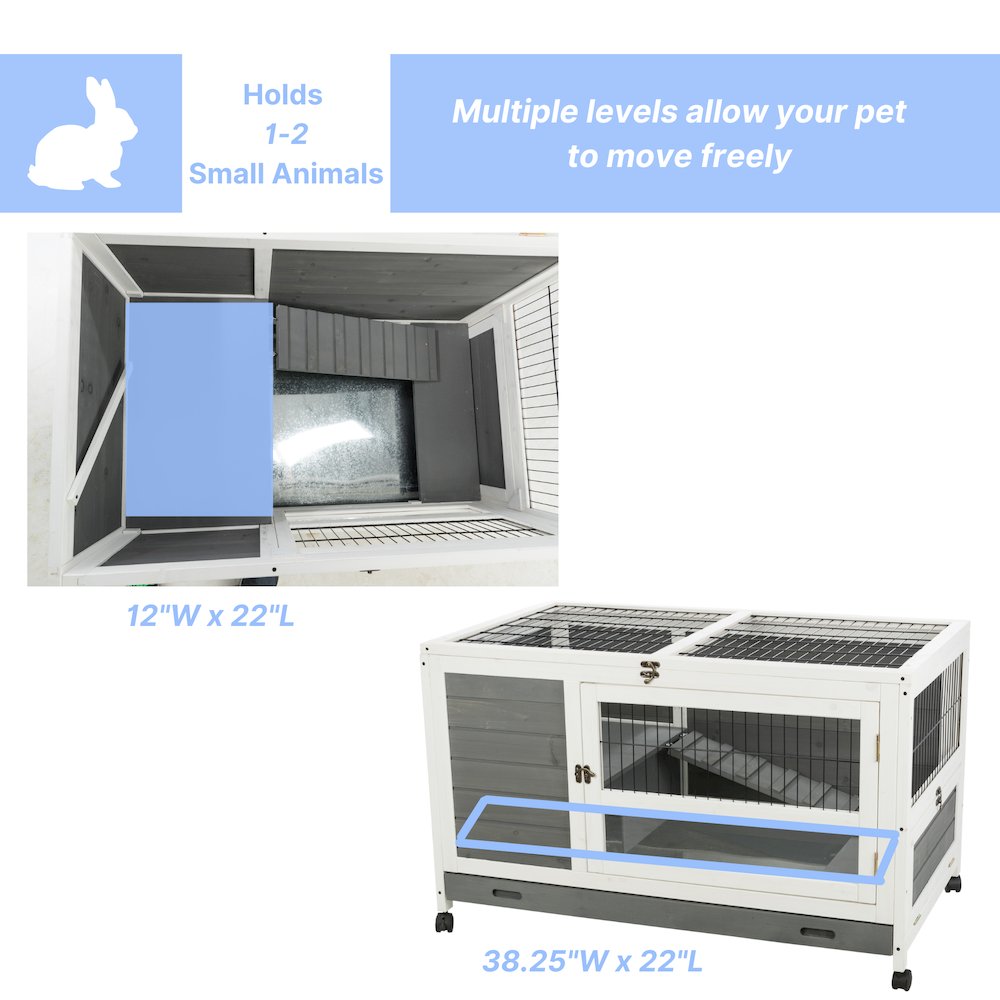 Mobile Indoor 1-Story Wooden Small Animal Cage with Wheels & Pull-Out Tray, Gray