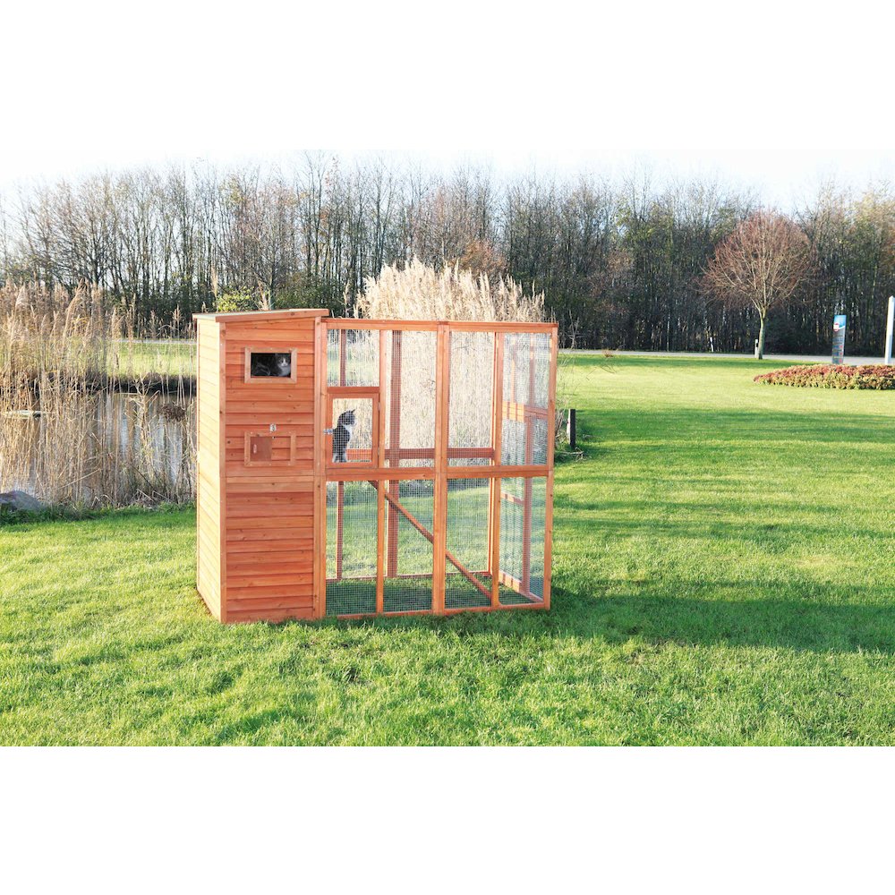 Weatherproof Wooden Cattery with Cat House and Run,37.4L x 76.8W x 68.9H, Brown