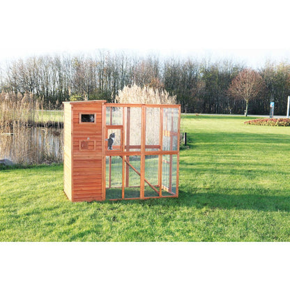 Weatherproof Wooden Cattery with Cat House and Run,37.4L x 76.8W x 68.9H, Brown