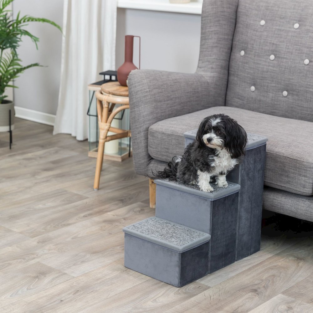 3-Step Foldable Velour Pet Stairs with Storage, Gray
