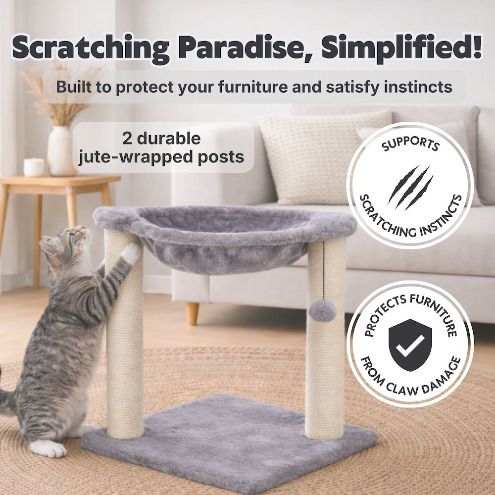 Baza Jute 19.7" Cat Scratching Posts with Hammock & Hanging Cat Toy, Gray