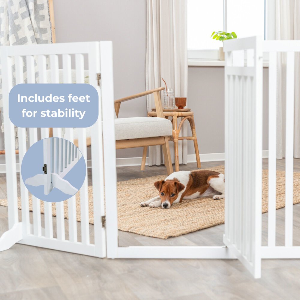 4-Panel Foldable Wood Freestanding Pet Gate, Walk Thru Door, Expands to 80"