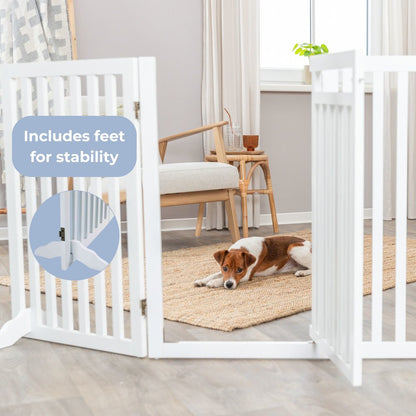 4-Panel Foldable Wood Freestanding Pet Gate, Walk Thru Door, Expands to 80"