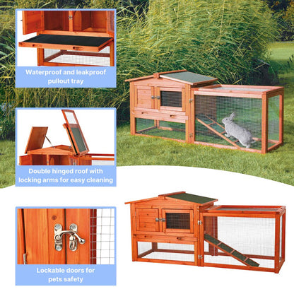 Weatherproof Outdoor 2-Story Wooden Small Animal Hutch, Run & Pull-Out Tray