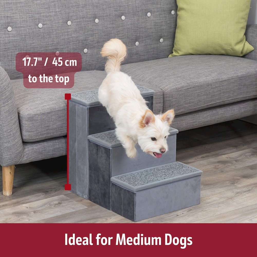 3-Step Foldable Velour Pet Stairs with Storage, Gray
