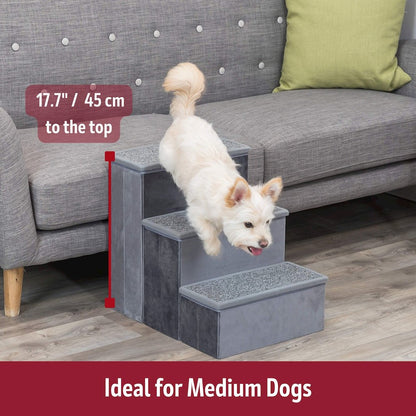 3-Step Foldable Velour Pet Stairs with Storage, Gray