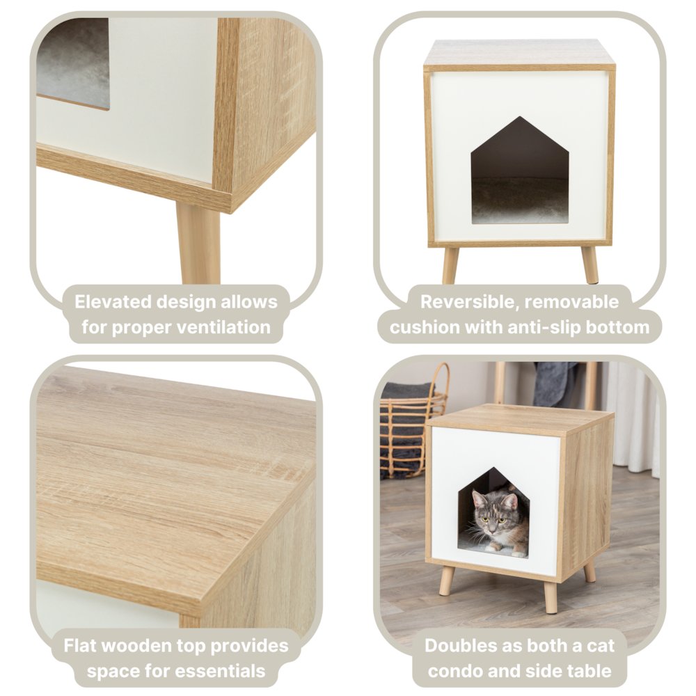 Isa Indoor Wooden Cat Condo, Modern Cat Bed Side Table with Cozy Cushion