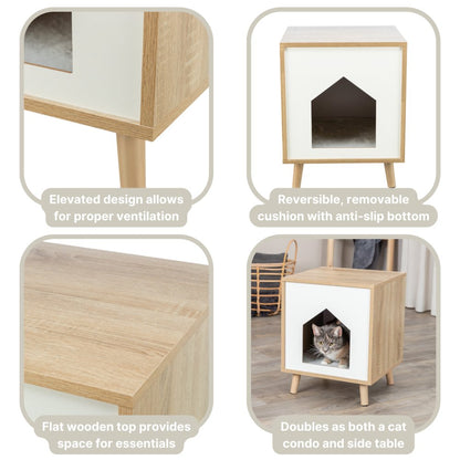 Isa Indoor Wooden Cat Condo, Modern Cat Bed Side Table with Cozy Cushion
