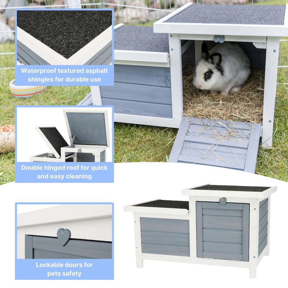 Weatherproof Outdoor Elevated Wooden Small Animal House with Hinged Roof, Gray
