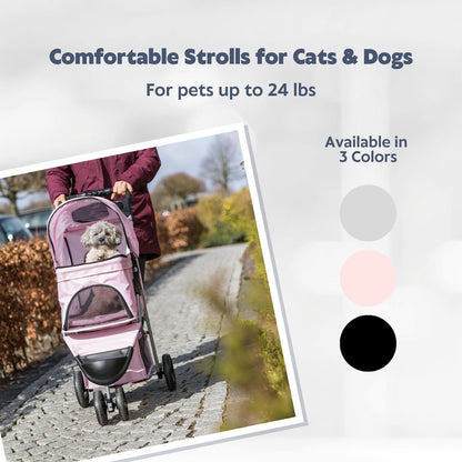 3-Wheeled Foldable Dog & Cat Stroller with Canopy and Storage Compartments, Pink