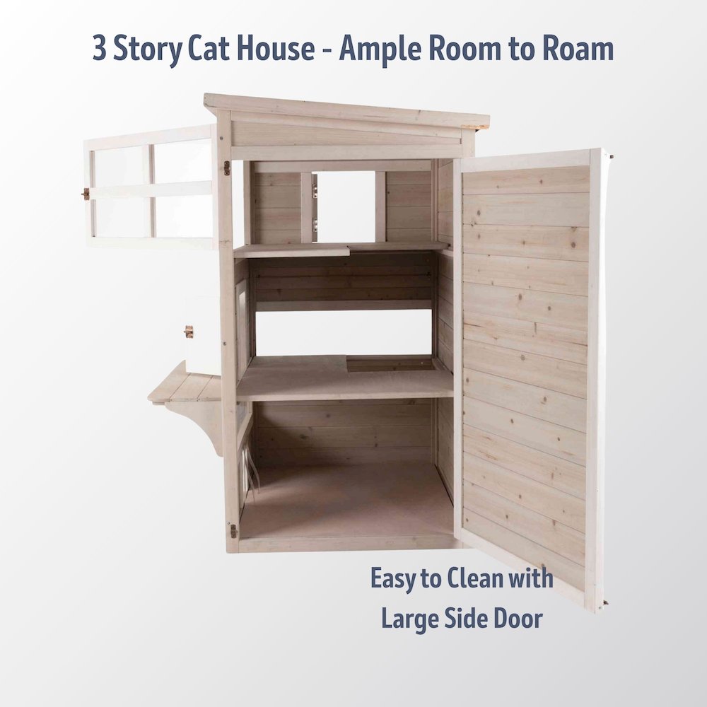 Outdoor 3-Story Cat House, Weatherproof Cat Shelter, Escape Doors and Windows