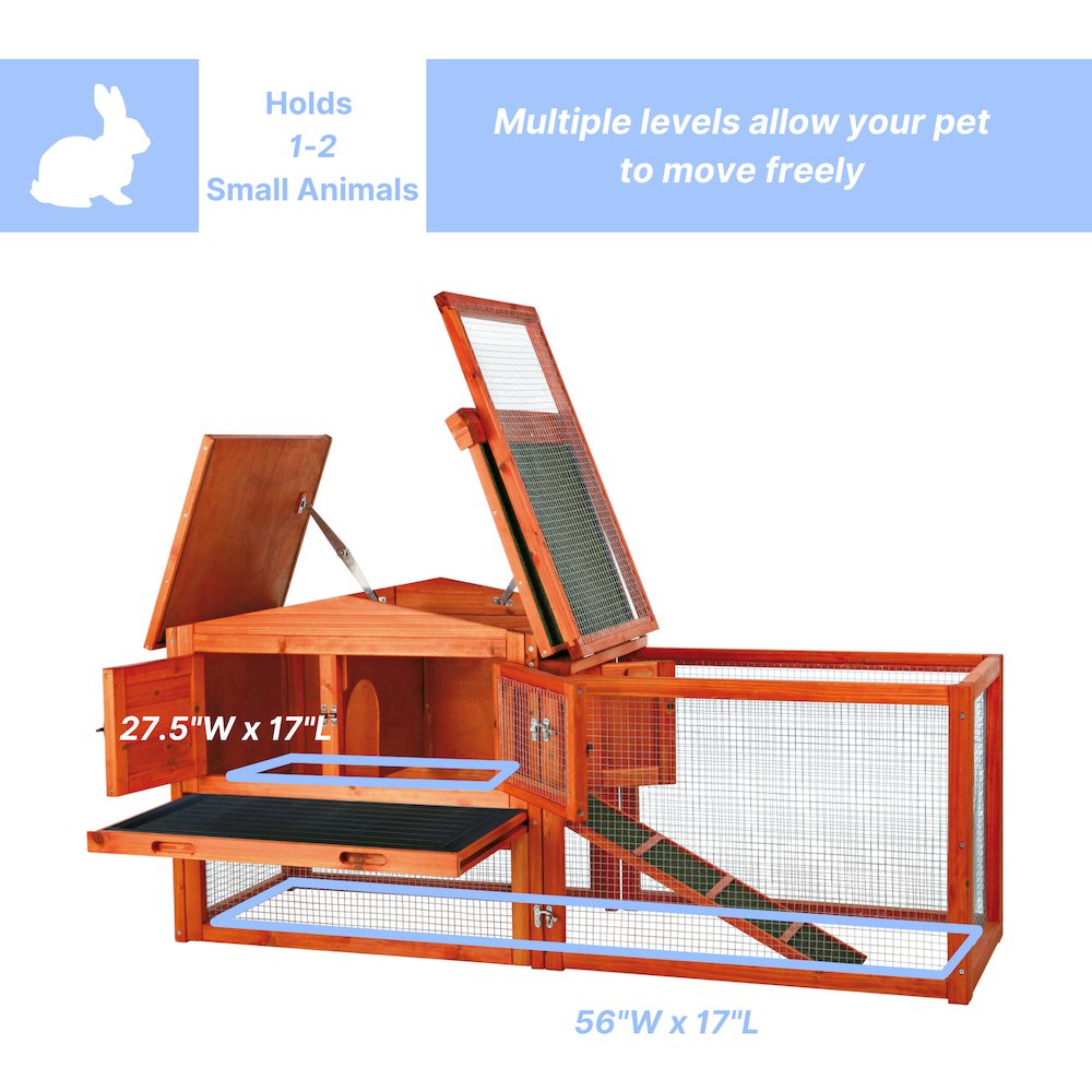 Weatherproof Outdoor 2-Story Wooden Small Animal Hutch, Run & Pull-Out Tray