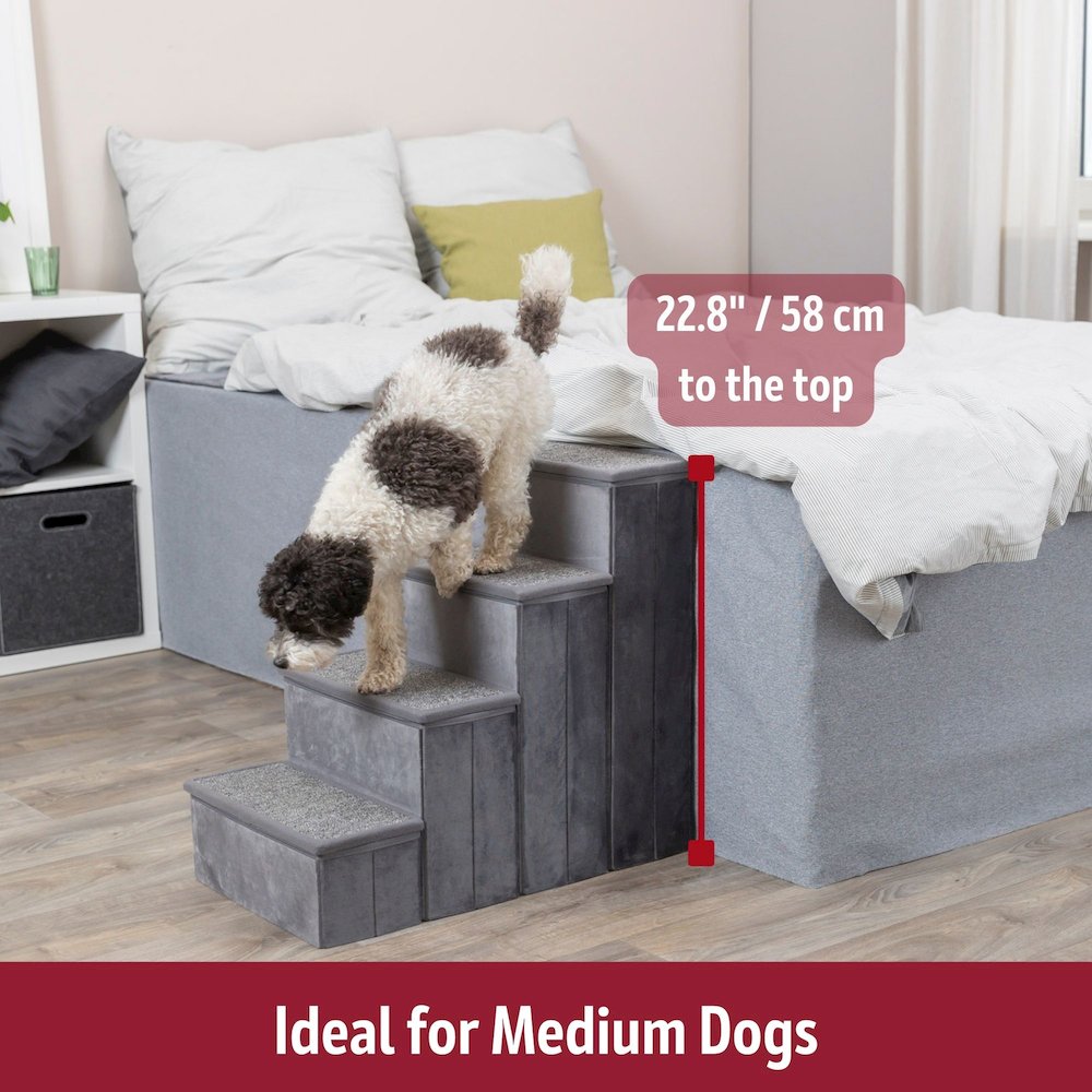 4-Step Foldable Velour Pet Stairs with Storage, Gray