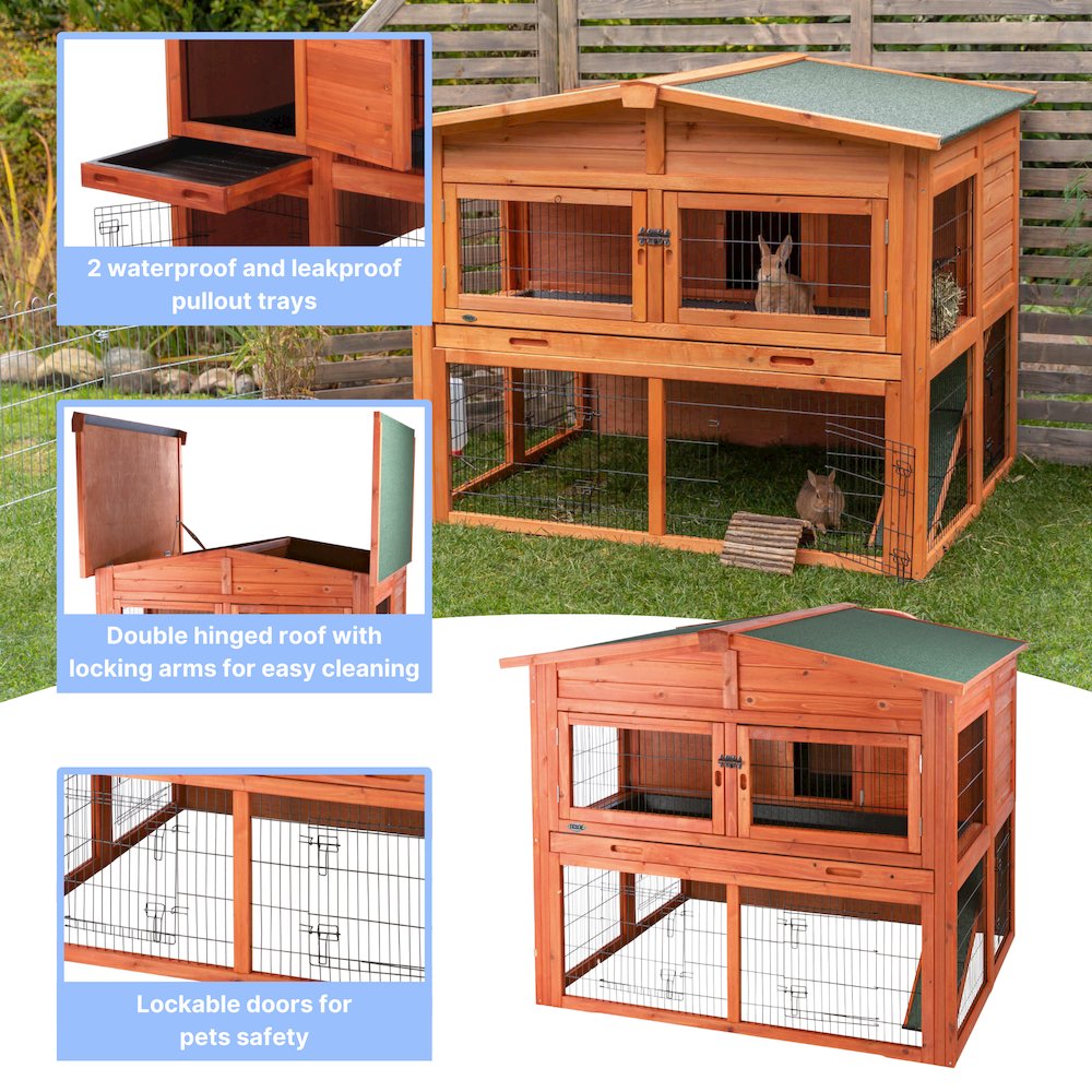 Deluxe Weatherproof Outdoor 2-Story Large Wooden Small Animal Hutch, Run, Tray