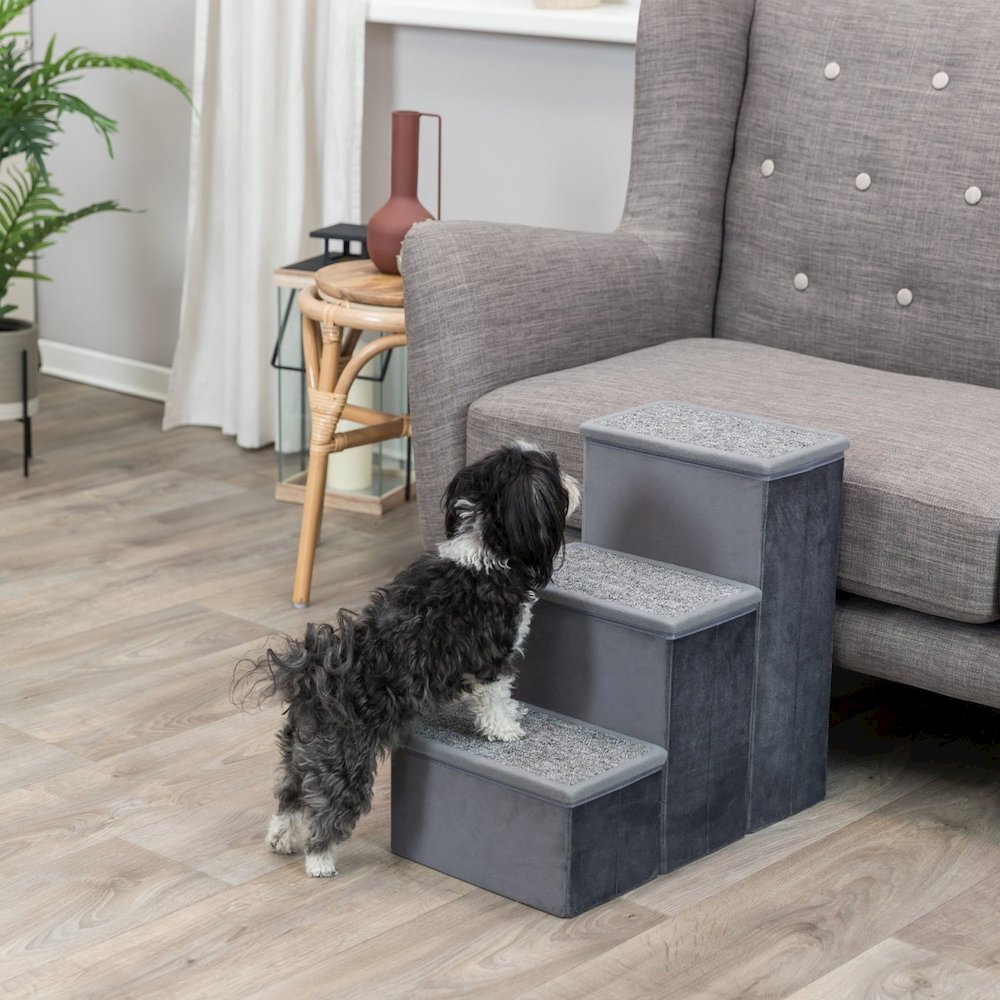 3-Step Foldable Velour Pet Stairs with Storage, Gray