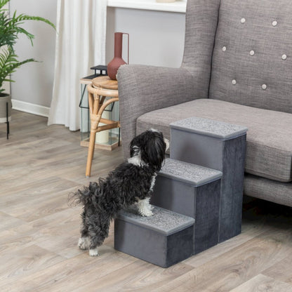 3-Step Foldable Velour Pet Stairs with Storage, Gray