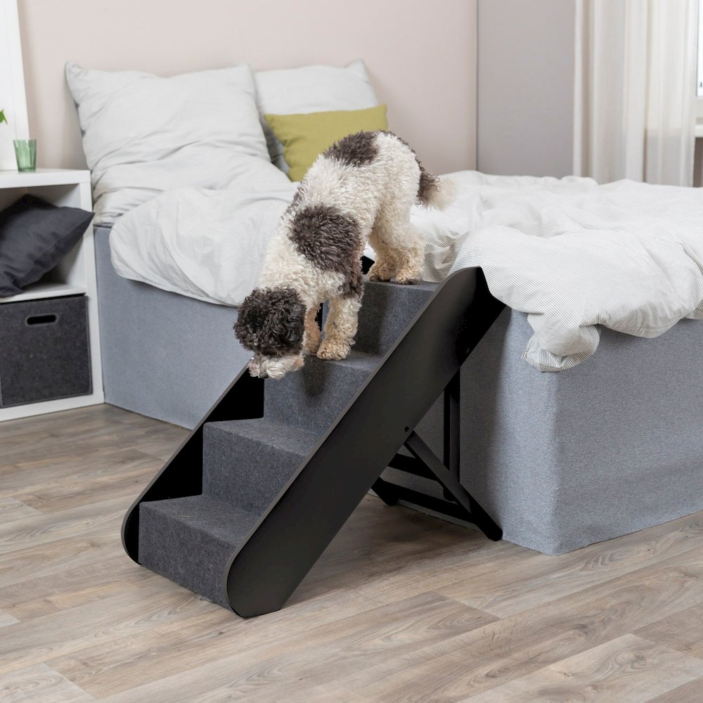 4-Step Wooden Pet Stairs with Adjustable Height and Carpet Treads, Brown