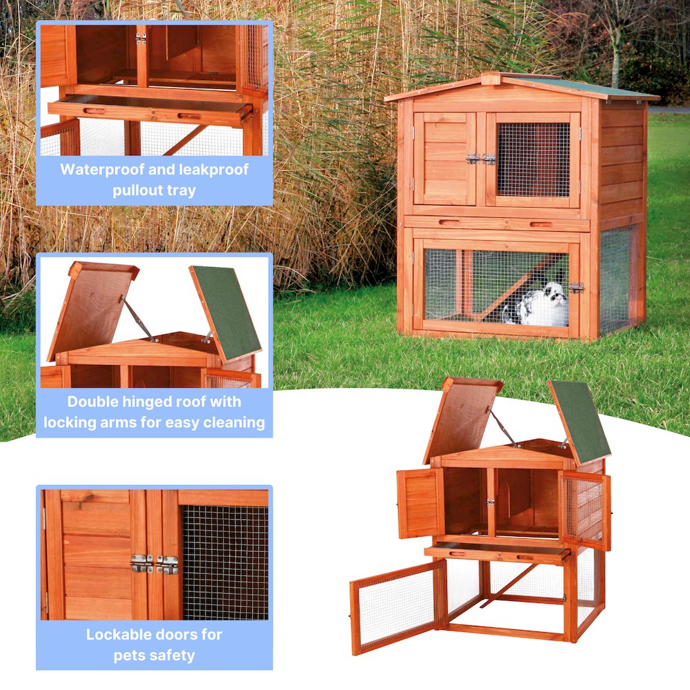 Weatherproof Outdoor 2-Story Wooden Small Animal Hutch with Run & Pull-Out Tray