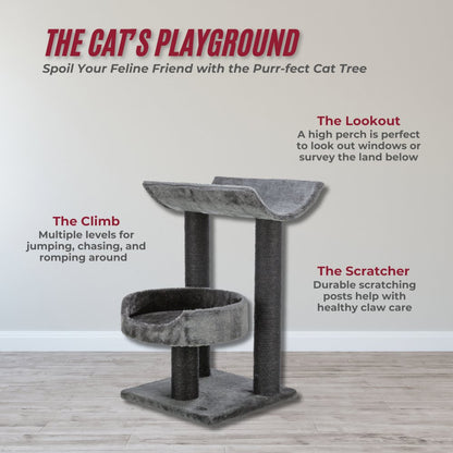 Isaba Plush 2-Level 24.4" Cat Tree with Sisal Scratching Posts, 2 Perch