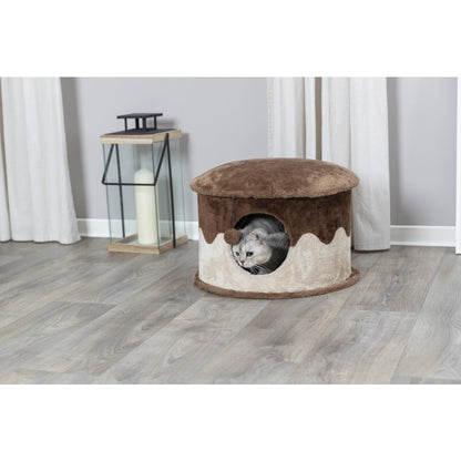 Cozy Plush Cover Indoor Cat Condo with a Cat Toy on String, Brown-Beige