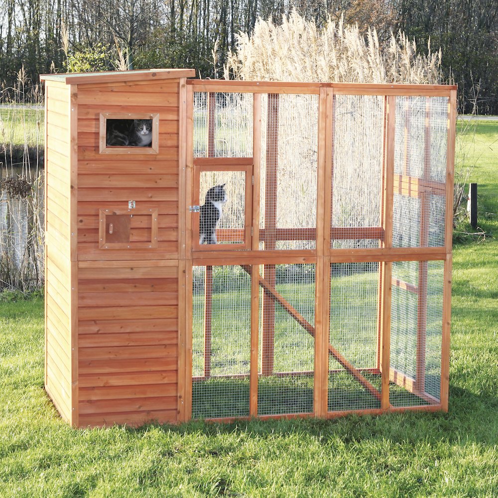 Weatherproof Wooden Cattery with Cat House and Run,37.4L x 76.8W x 68.9H, Brown