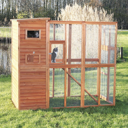 Weatherproof Wooden Cattery with Cat House and Run,37.4L x 76.8W x 68.9H, Brown