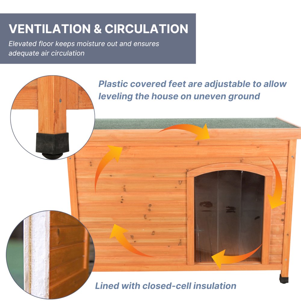 Classic Insulated Weatherproof Wooden Small Outdoor Dog House w-Hinged Roof