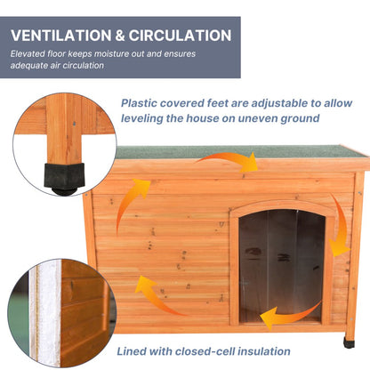 Classic Insulated Weatherproof Wooden Small Outdoor Dog House w-Hinged Roof